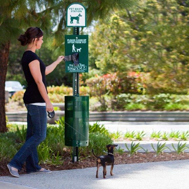 dog-waste-station-lady-dog Poop Squad Commercial Dog Waste Station